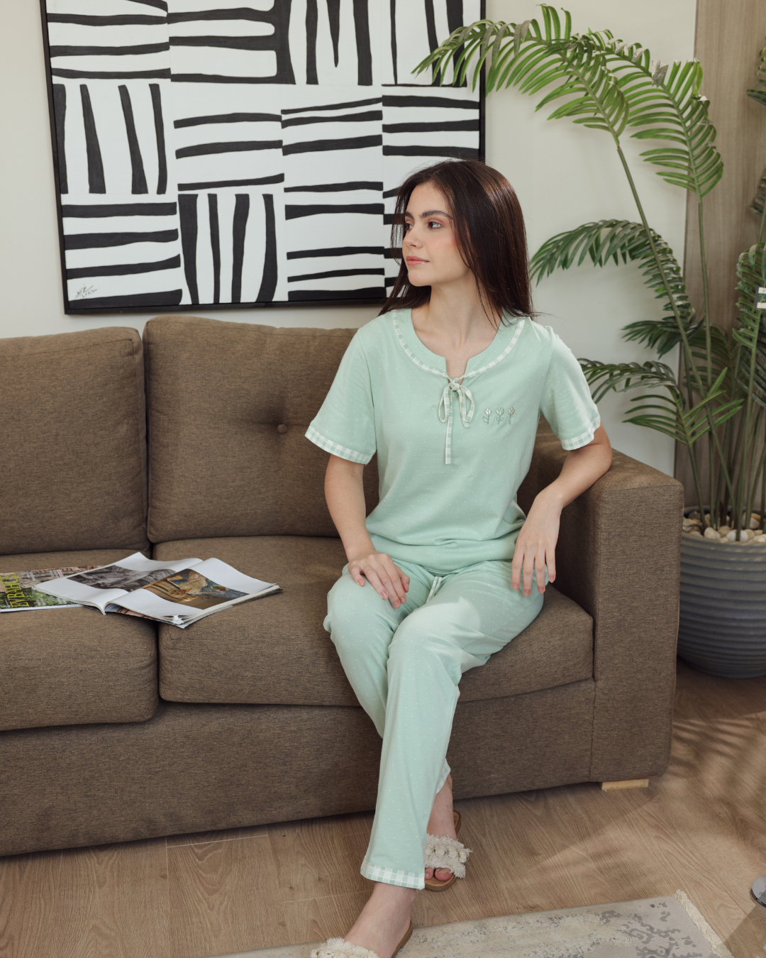 Women's pajamas half a sleeve of long embroidery trousers, dotted printing