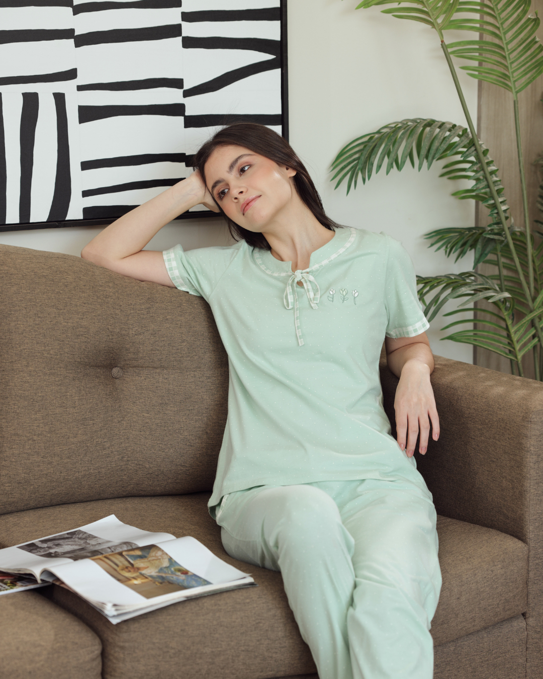 Women's pajamas half a sleeve of long embroidery trousers, dotted printing