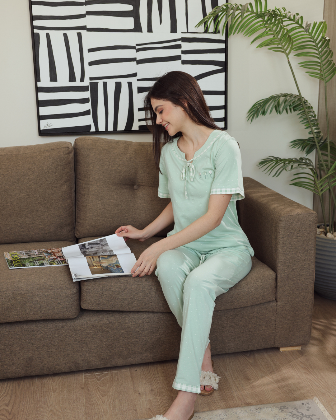 Women's pajamas half a sleeve of long embroidery trousers, dotted printing