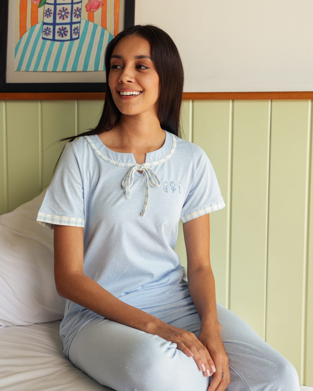 Women's pajamas half a sleeve of long embroidery trousers, dotted printing