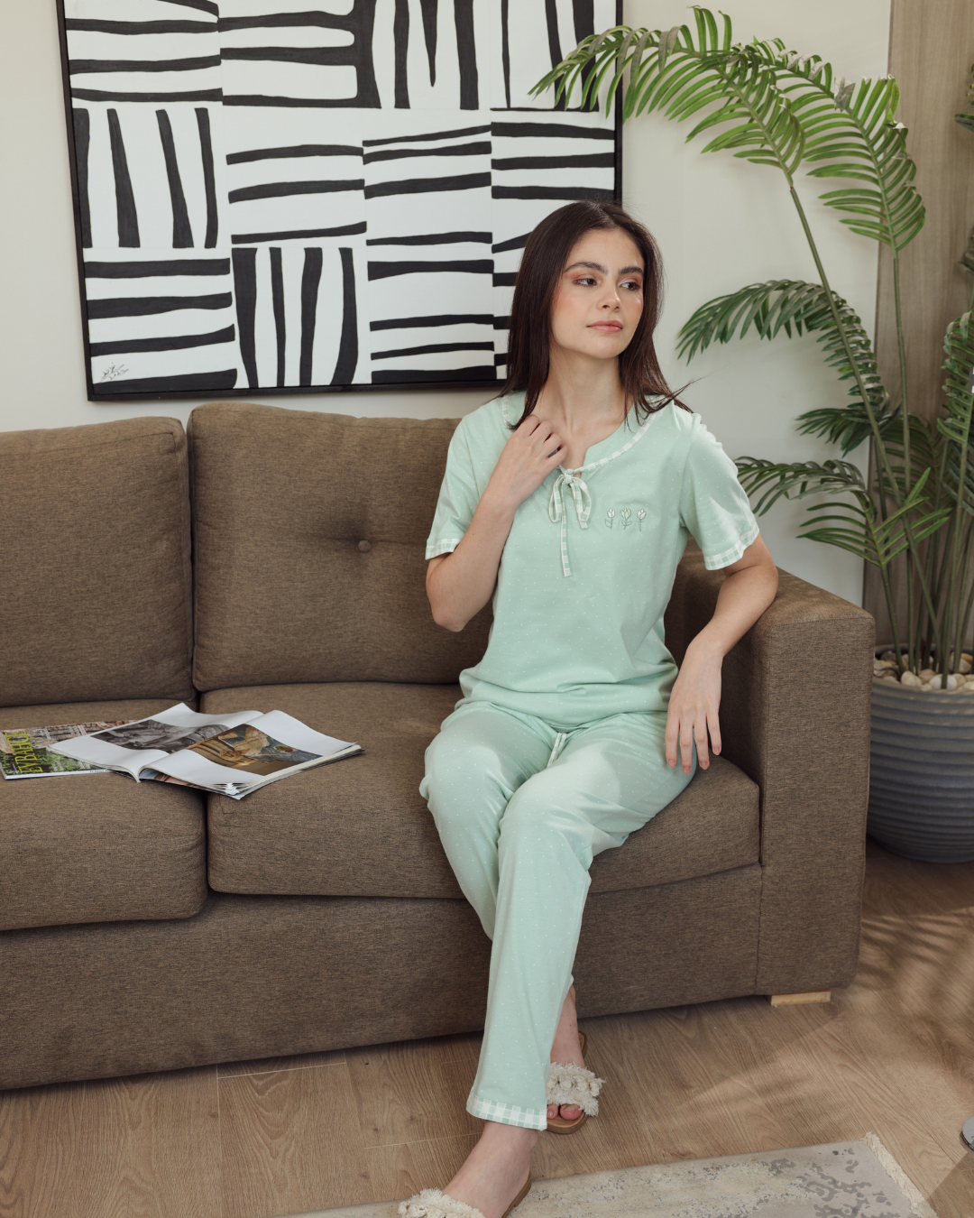 Women's pajamas half a sleeve of long embroidery trousers, dotted printing