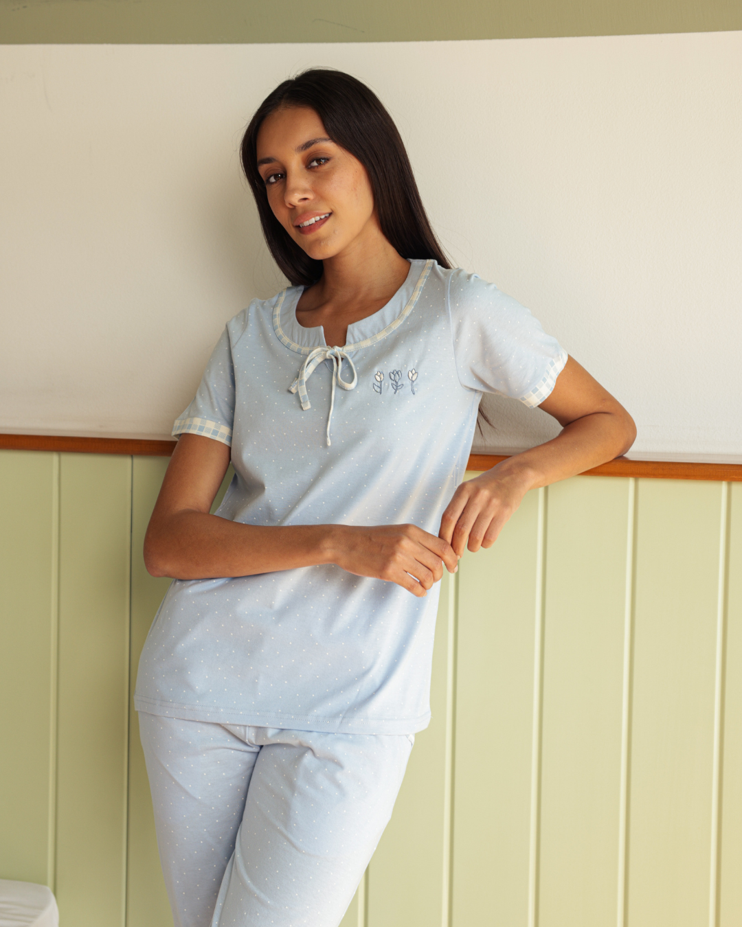 Women's pajamas half a sleeve of long embroidery trousers, dotted printing