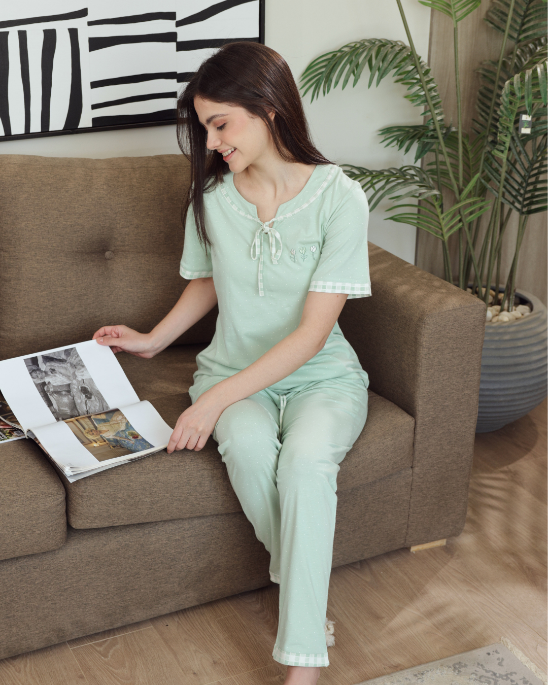 Women's pajamas half a sleeve of long embroidery trousers, dotted printing