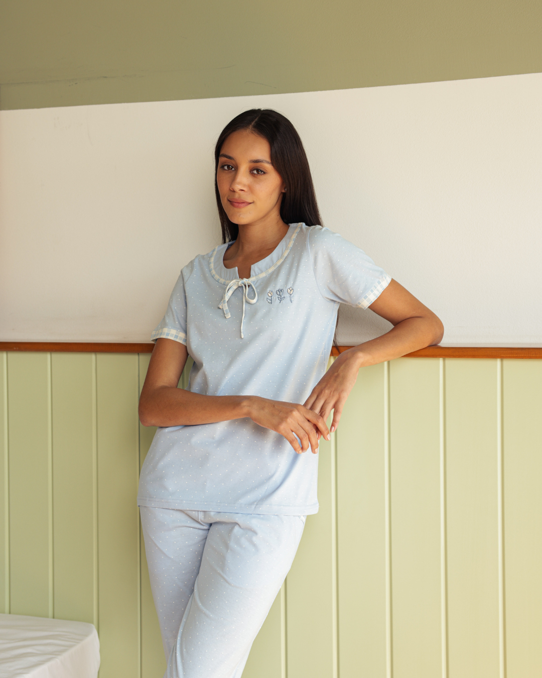 Women's pajamas half a sleeve of long embroidery trousers, dotted printing