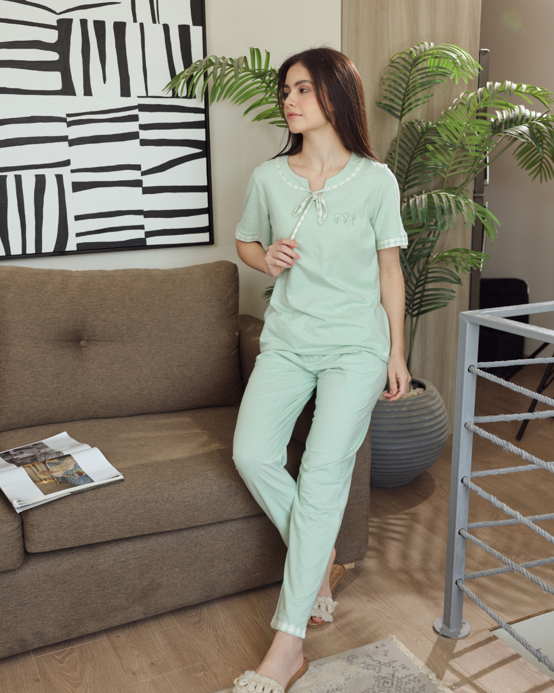 Women's pajamas half a sleeve of long embroidery trousers, dotted printing