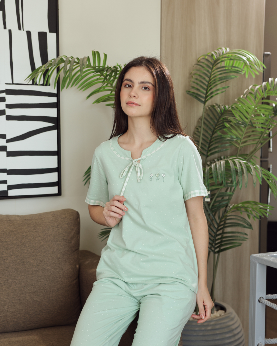 Women's pajamas half a sleeve of long embroidery trousers, dotted printing