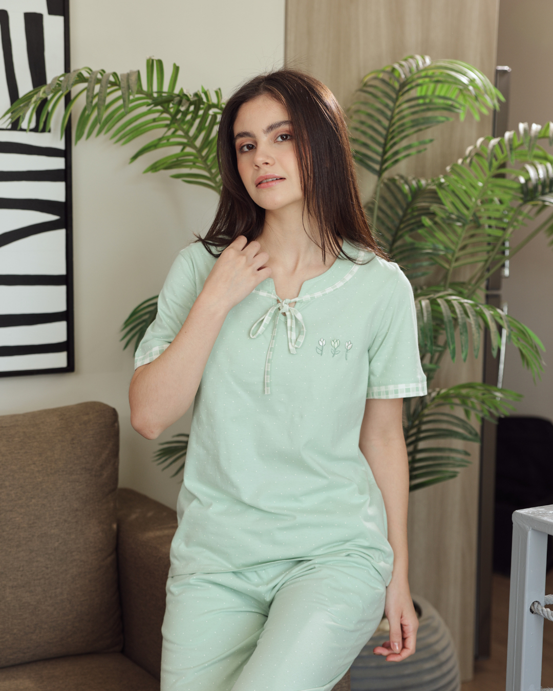 Women's pajamas half a sleeve of long embroidery trousers, dotted printing