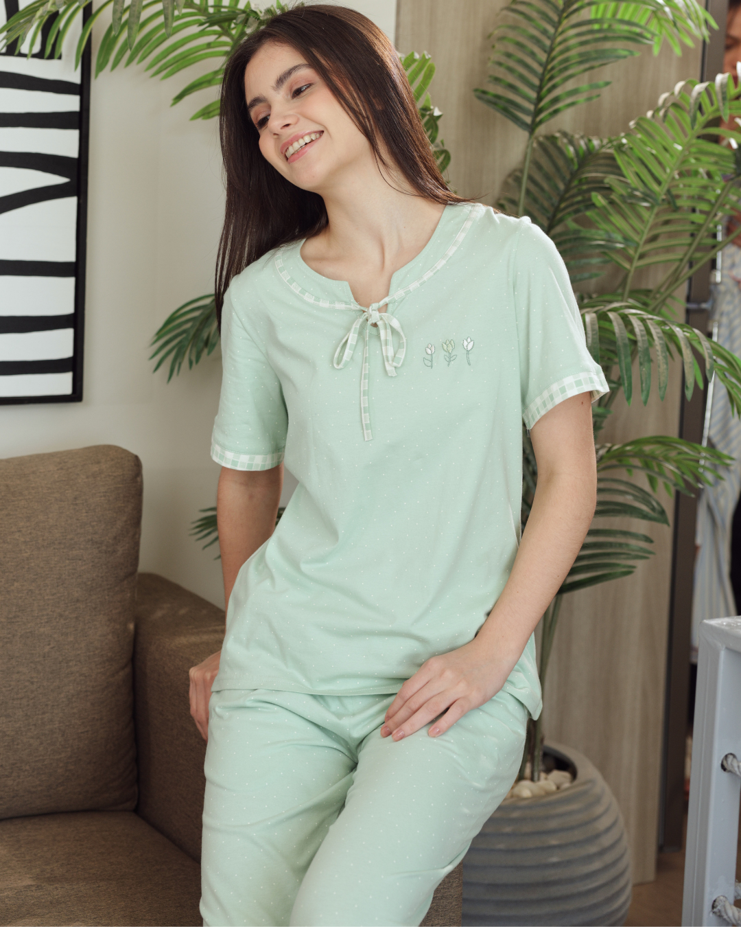 Women's pajamas half a sleeve of long embroidery trousers, dotted printing