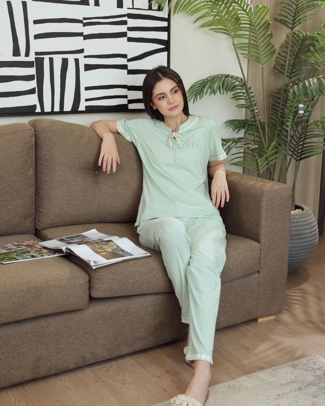 Women's pajamas half a sleeve of long embroidery trousers, dotted printing