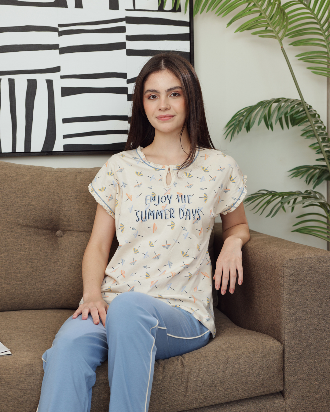 Women's pajamas half a number of long trousers, solar printing