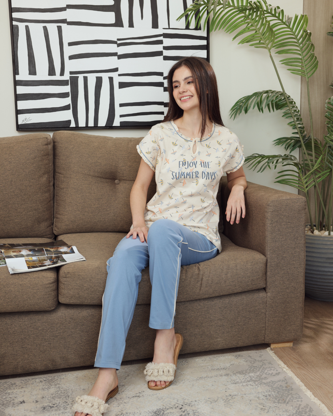 Women's pajamas half a number of long trousers, solar printing