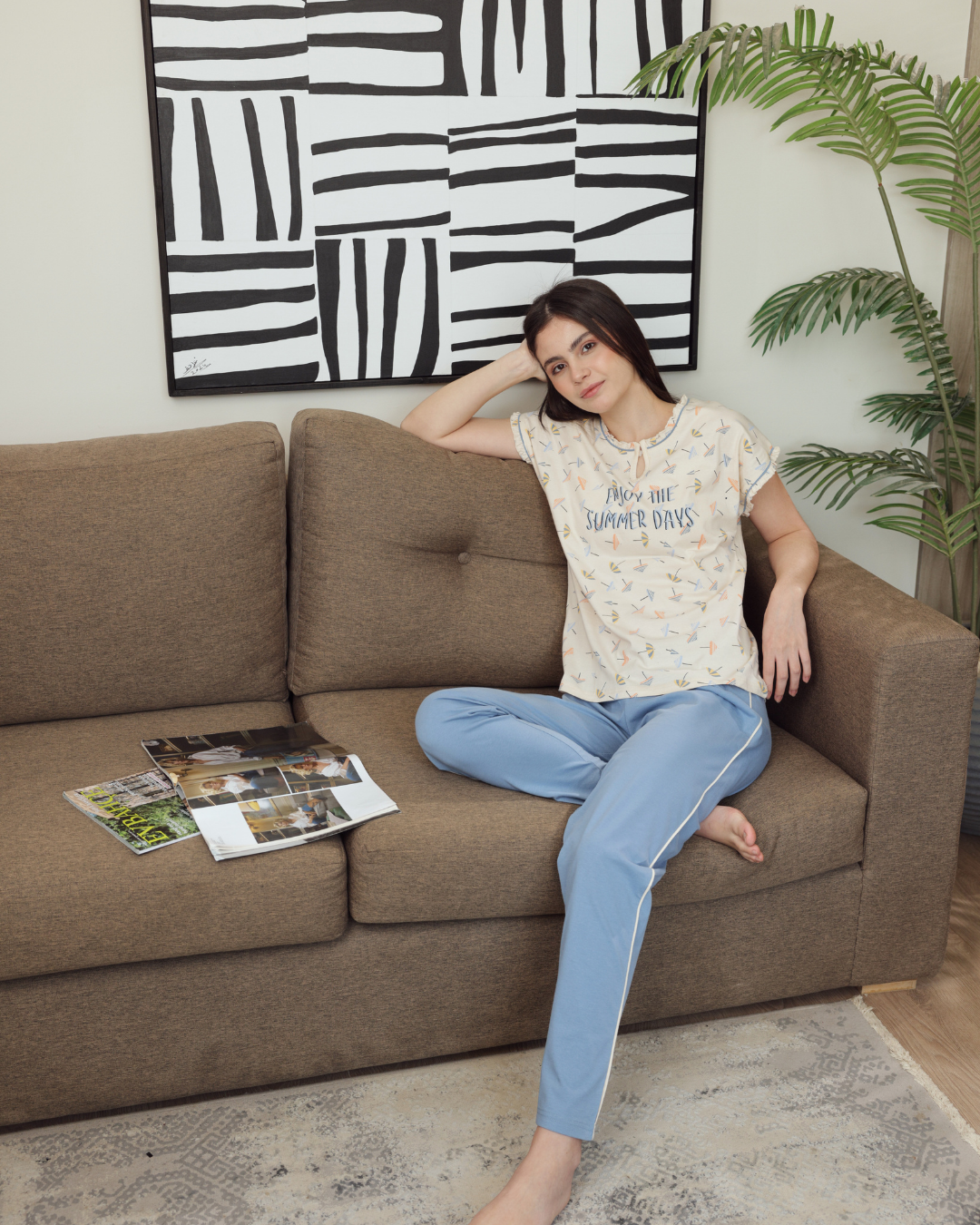 Women's pajamas half a number of long trousers, solar printing