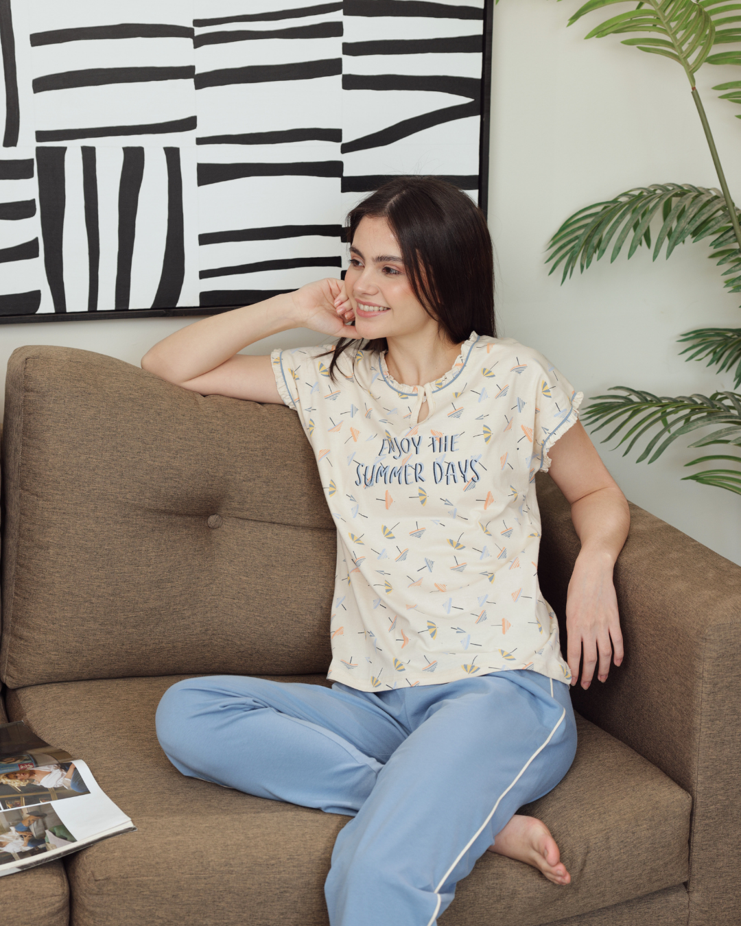 Women's pajamas half a number of long trousers, solar printing