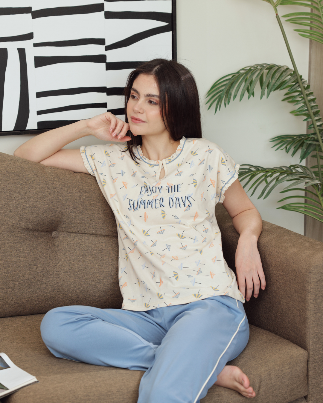 Women's pajamas half a number of long trousers, solar printing