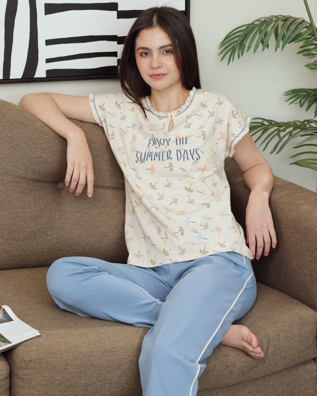 Women's pajamas half a number of long trousers, solar printing
