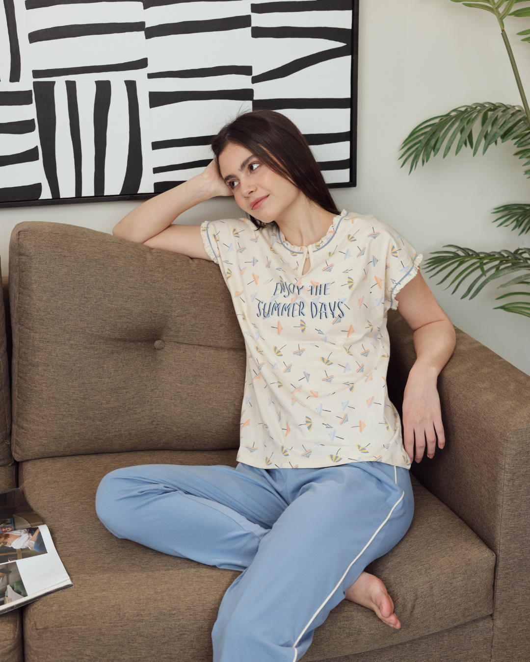 Women's pajamas half a number of long trousers, solar printing