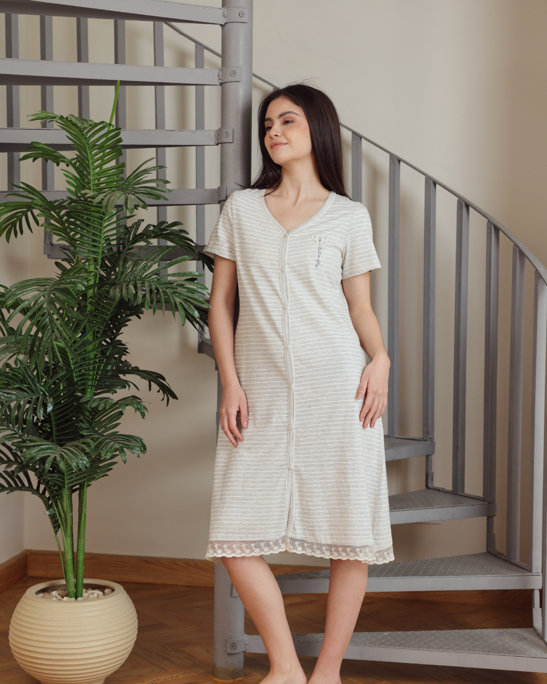 نايت شيرت قصيرة نصف كم طباعة مقلم