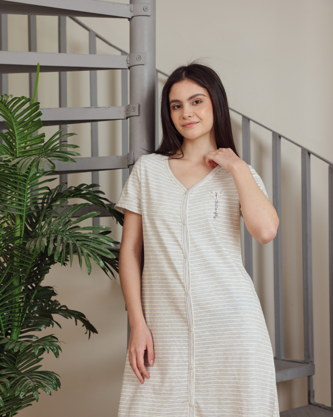 نايت شيرت قصيرة نصف كم طباعة مقلم