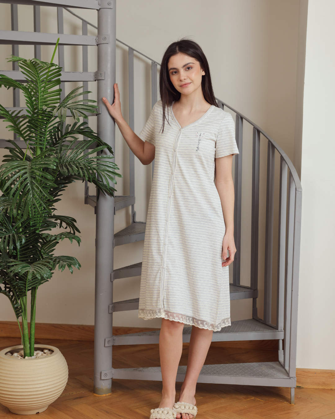 نايت شيرت قصيرة نصف كم طباعة مقلم