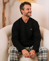 V بيجامة رجالي تطريز علي الصدر الحصان بنطلون كاروهات كستور رقبه