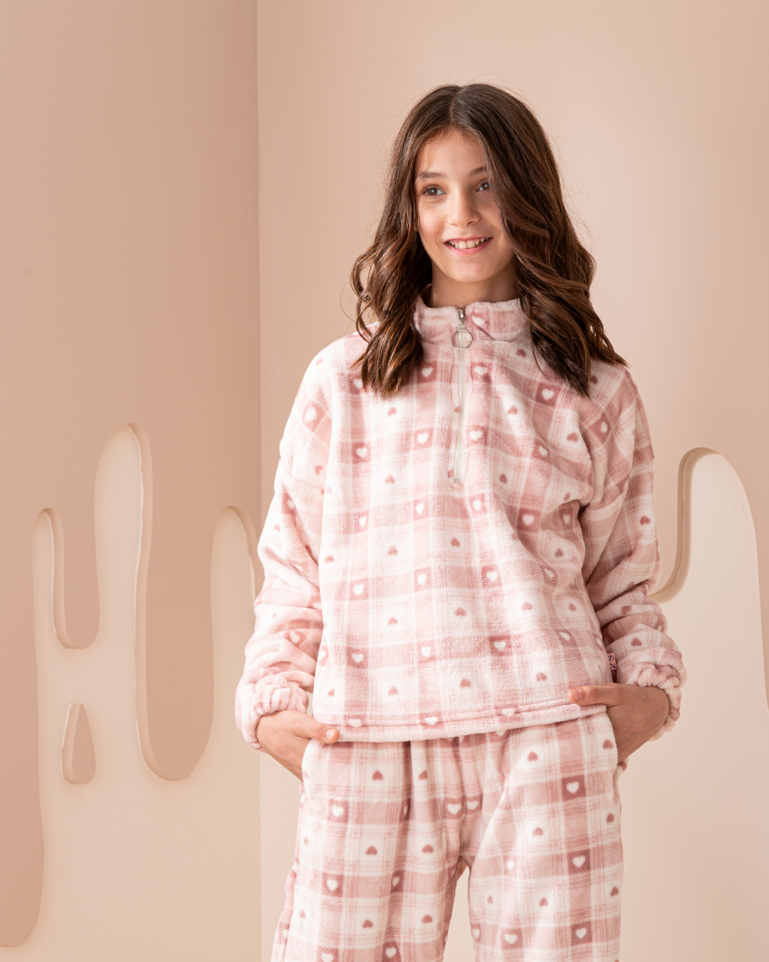 Heart checkers بيجاما بناتي جونيور بكم و بنطلون بولار مطبوع
