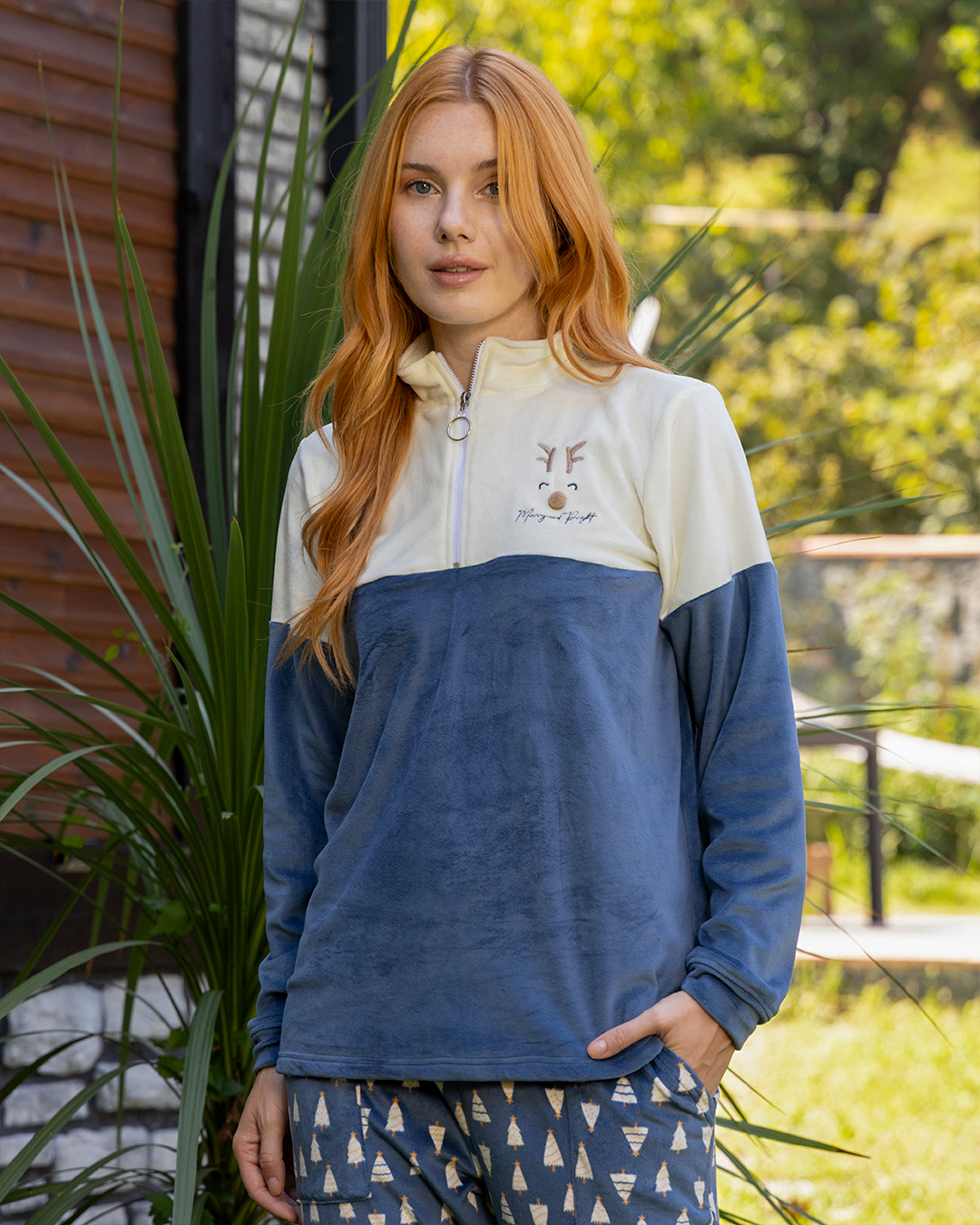 Deer face بيجاما حريمي قطيفة قطن سادة وبنطلون قيفة قطن مطبوع