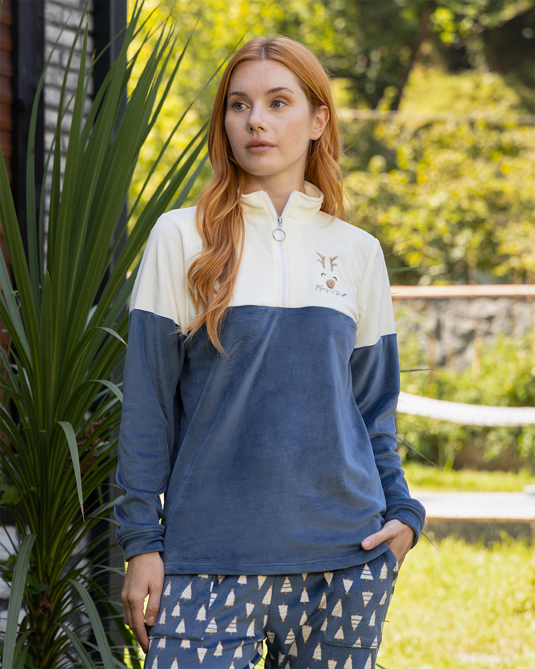 Deer face بيجاما حريمي قطيفة قطن سادة وبنطلون قيفة قطن مطبوع