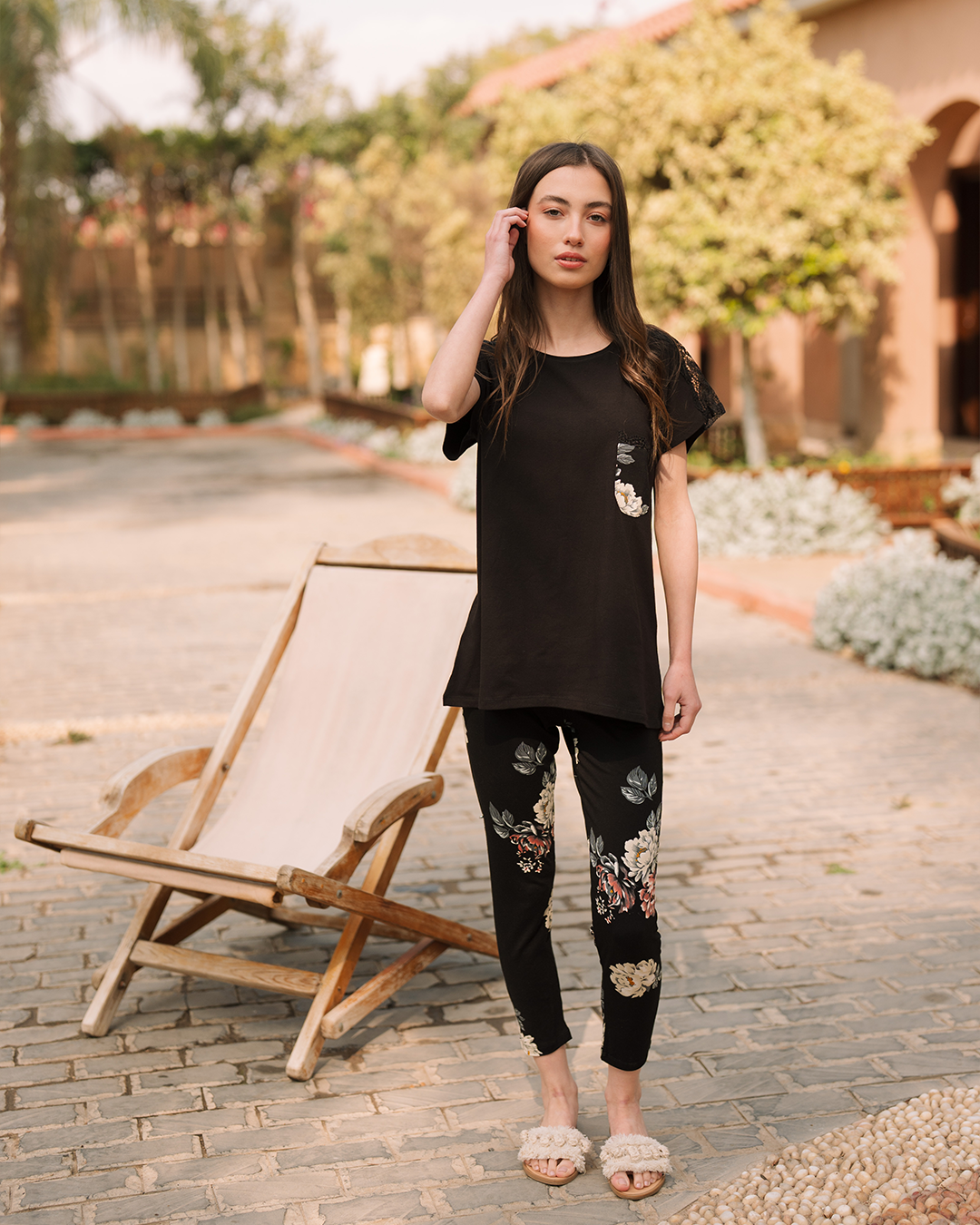 Women's pajamas with lace and patterned leggings