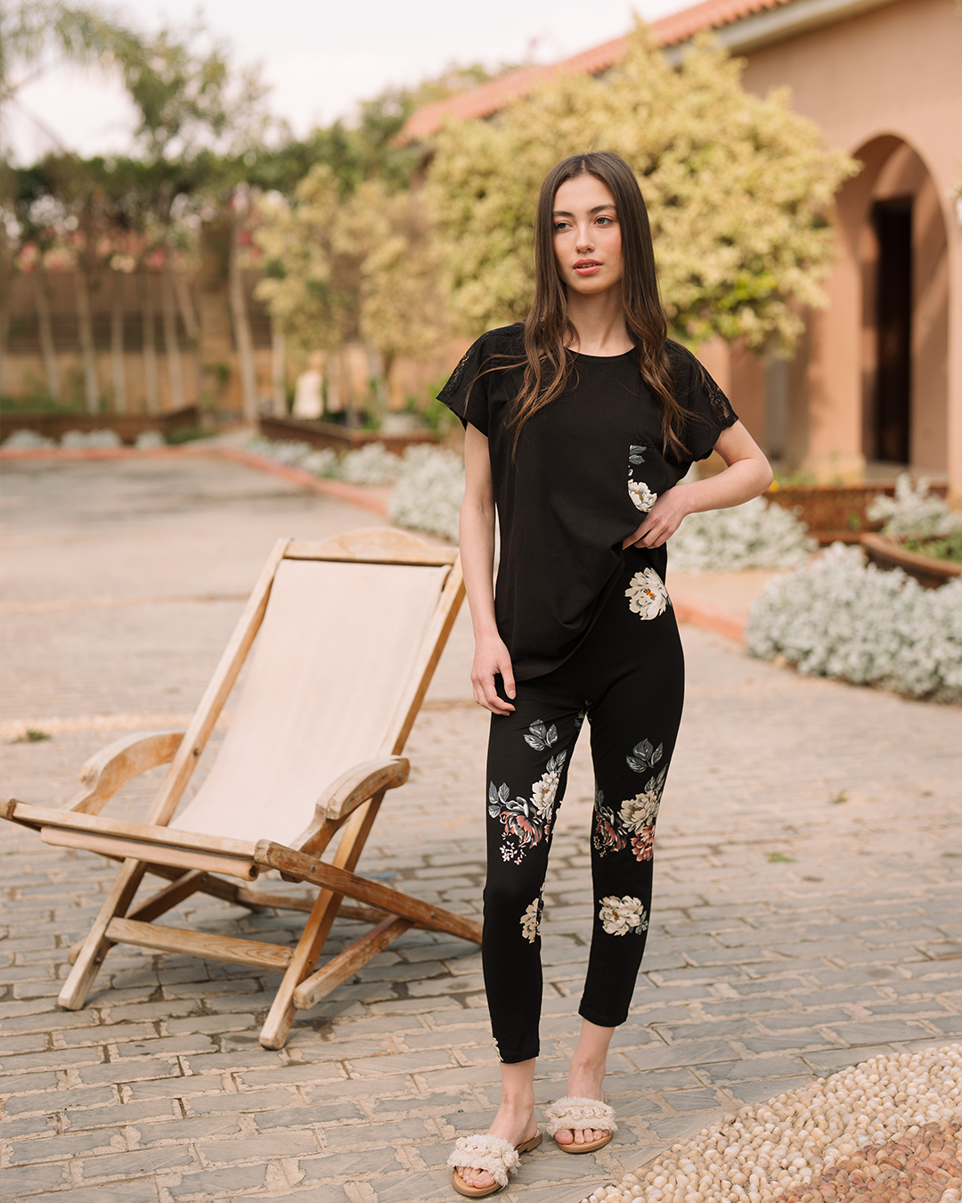 Women's pajamas with lace and patterned leggings