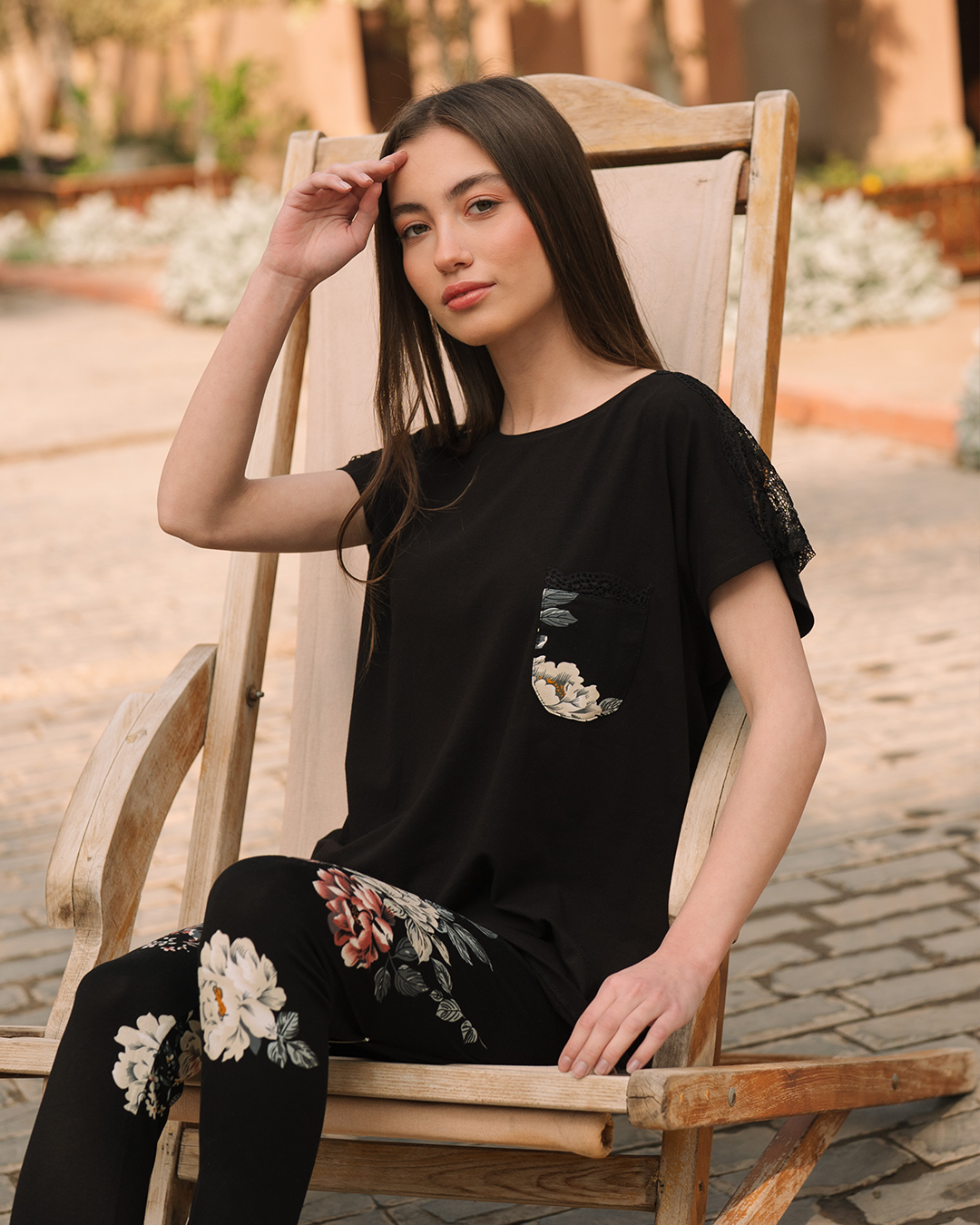 Women's pajamas with lace and patterned leggings