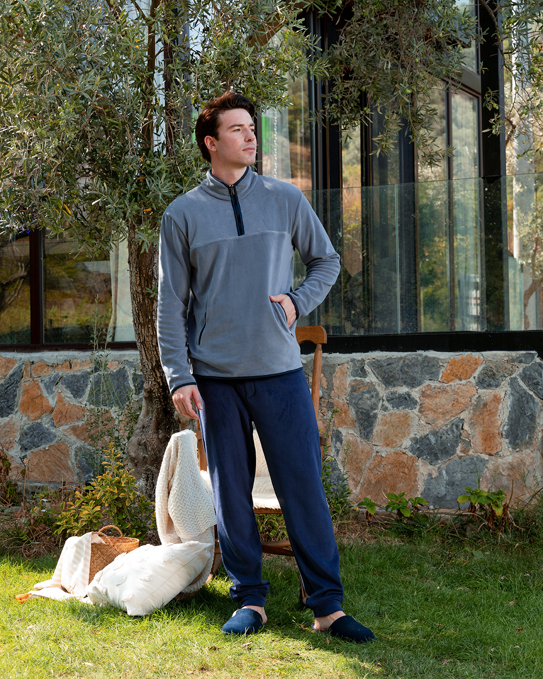 half neck zipper بيجاما رجالي كم طويل بنص سوستة