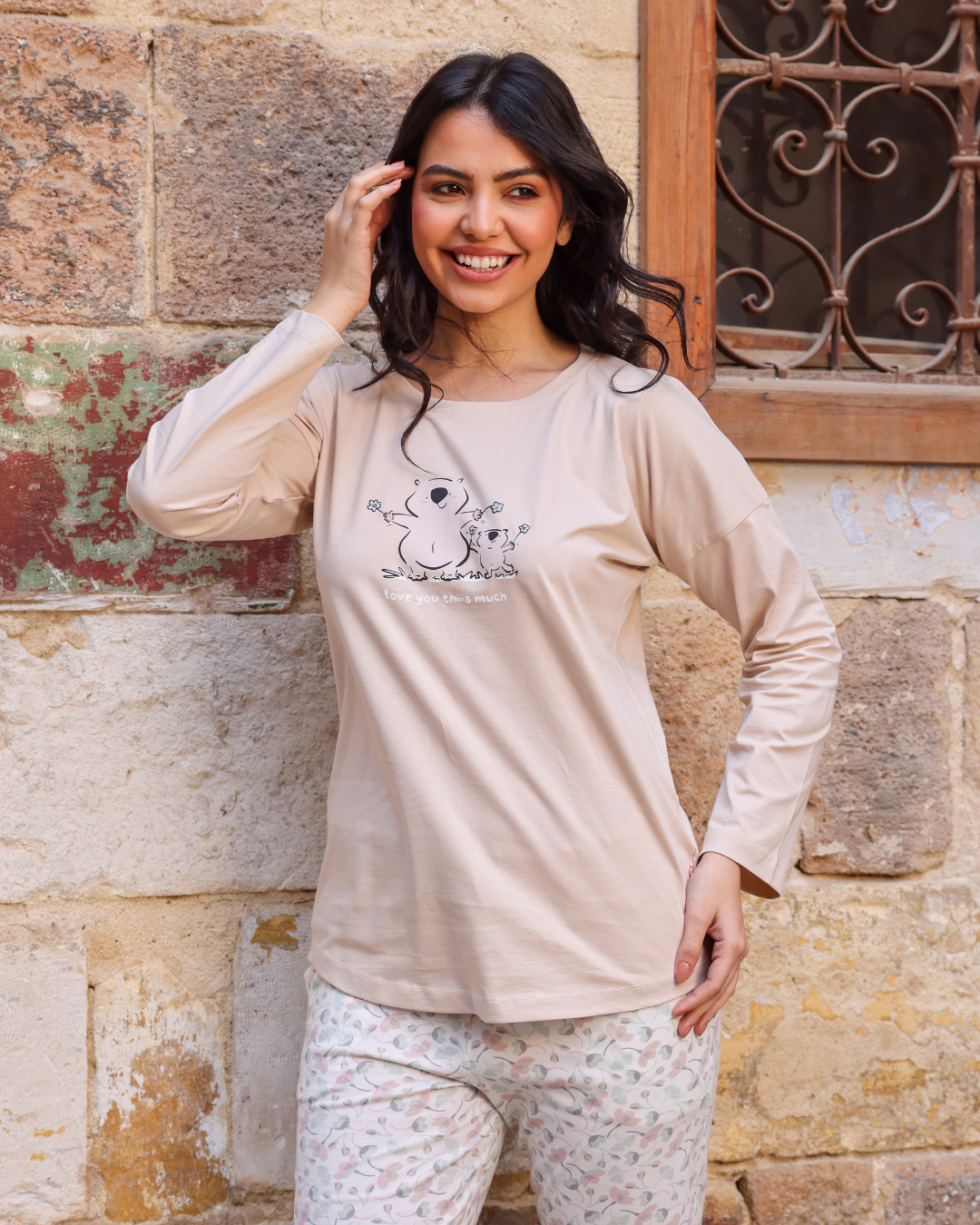 Mom and baby hedgehog women's off shoulder pajamas