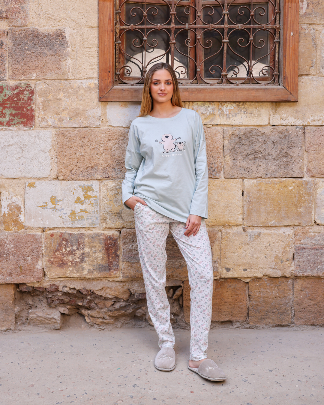 Mom and baby hedgehog women's off shoulder pajamas