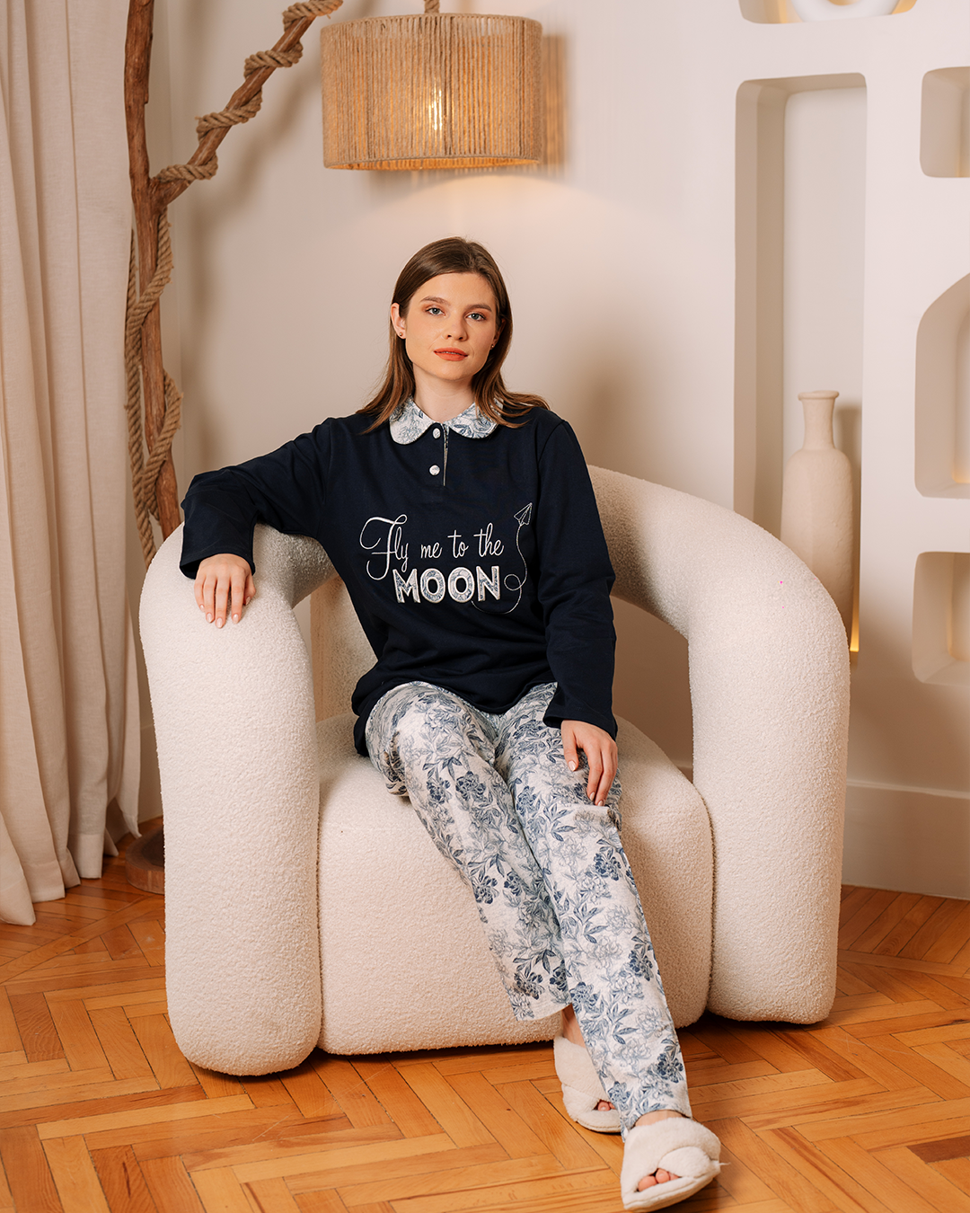 Moon Women's Pajamas Polo Shirt Embroidery on Chest Melton Checked Pants