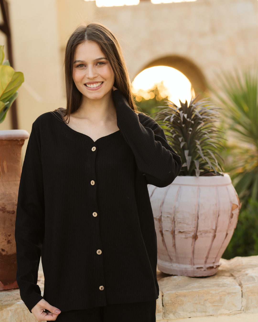 interlock Loung set  طقم حريمي بزراير وبنطلون واسع