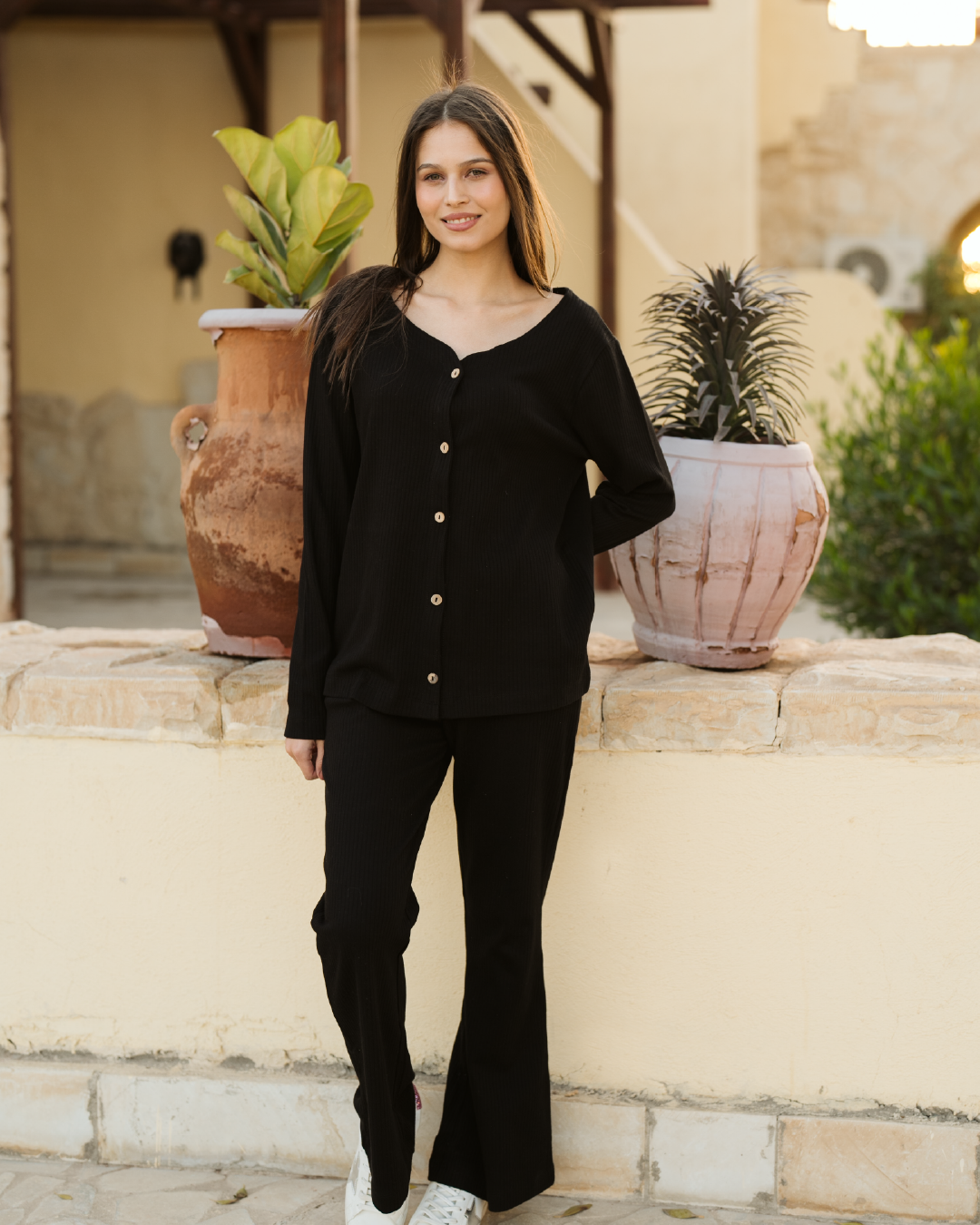 interlock Loung set  طقم حريمي بزراير وبنطلون واسع