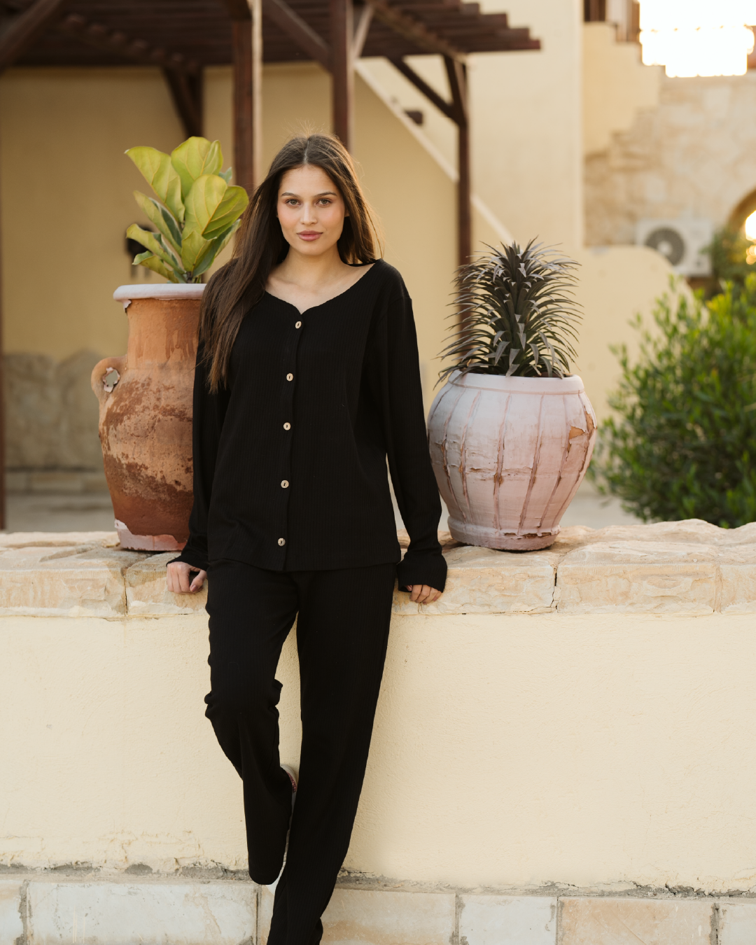 interlock Loung set  طقم حريمي بزراير وبنطلون واسع