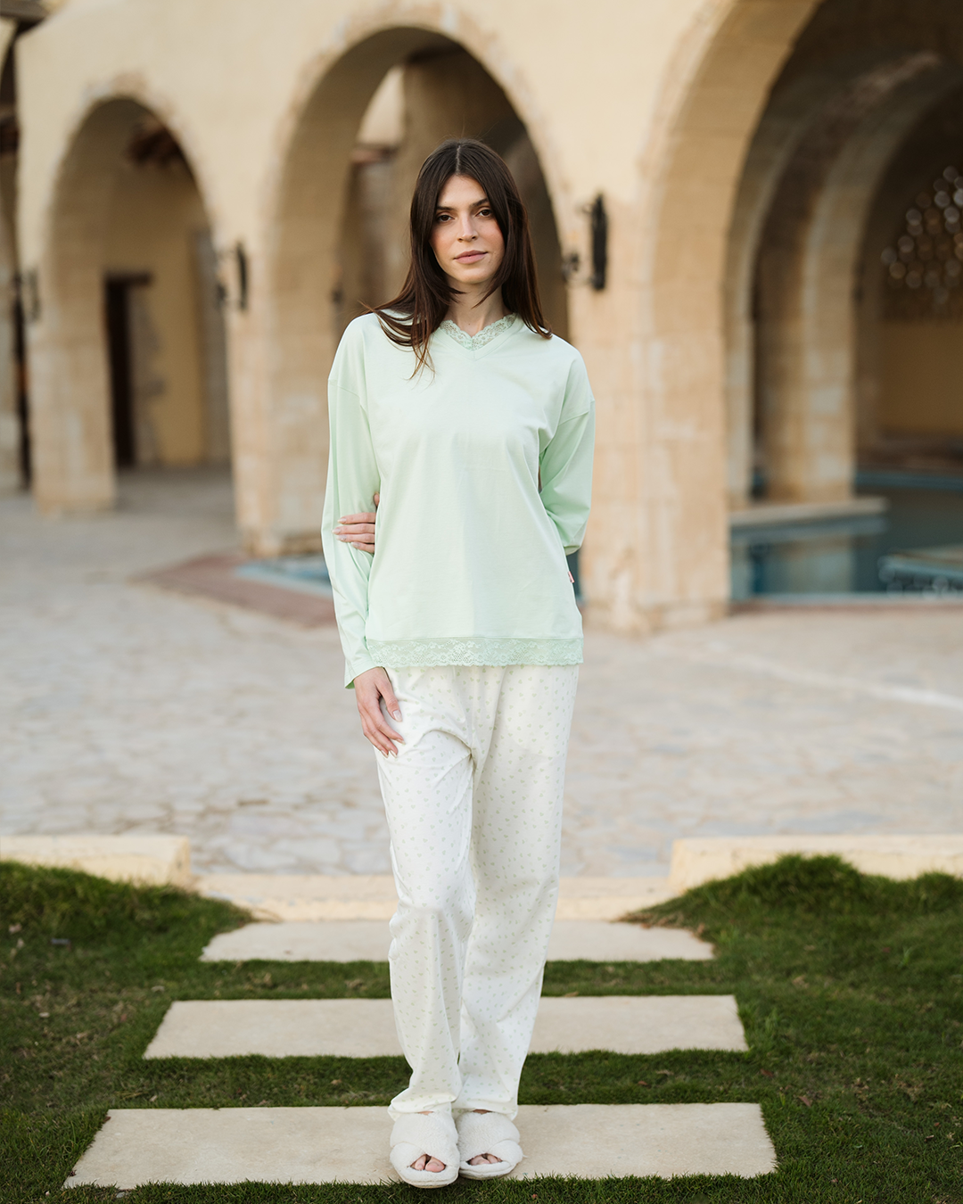 Lovely hearts بيجاما حريمي بكم و بنطلون مطبوع قطن