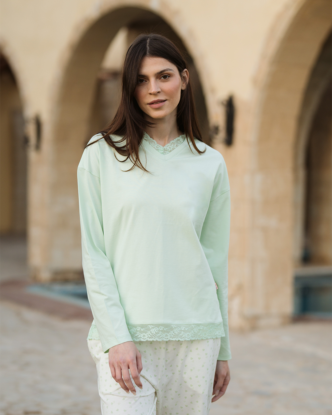 Lovely hearts بيجاما حريمي بكم و بنطلون مطبوع قطن