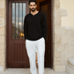 Striped men's pajamas with sleeves and buttons