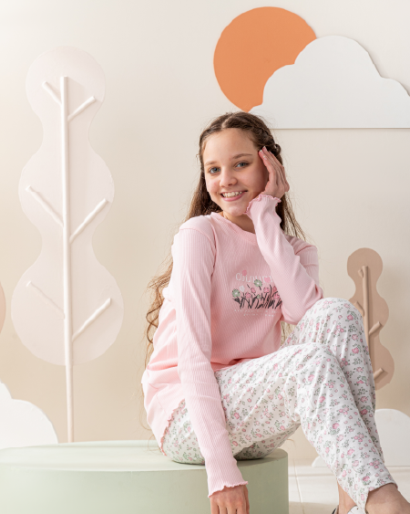 Colorful Flowersبيجاما بناتي كُم طويل