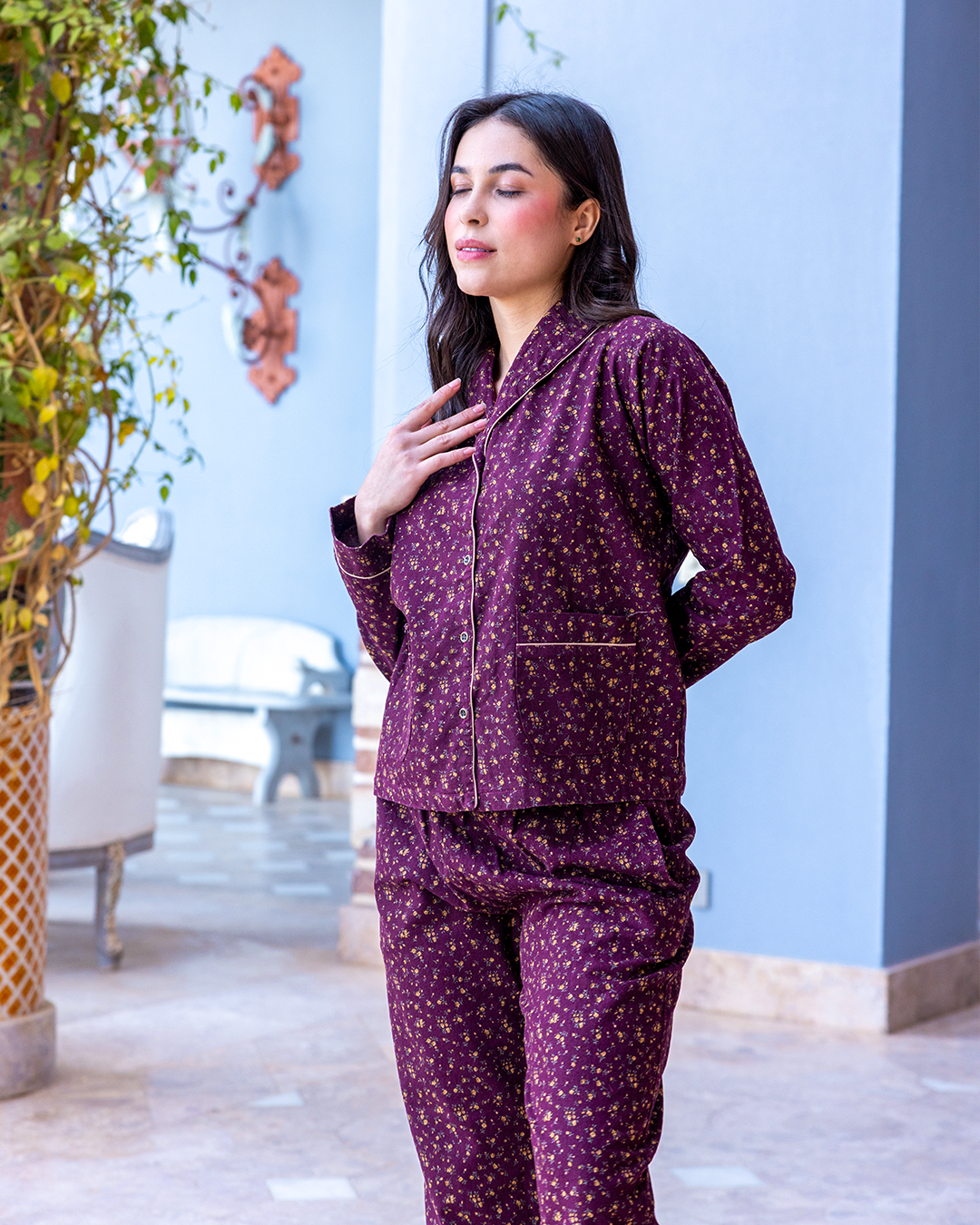 بيجاما كلاسيك بنطلون كتان مطبوع و زراير