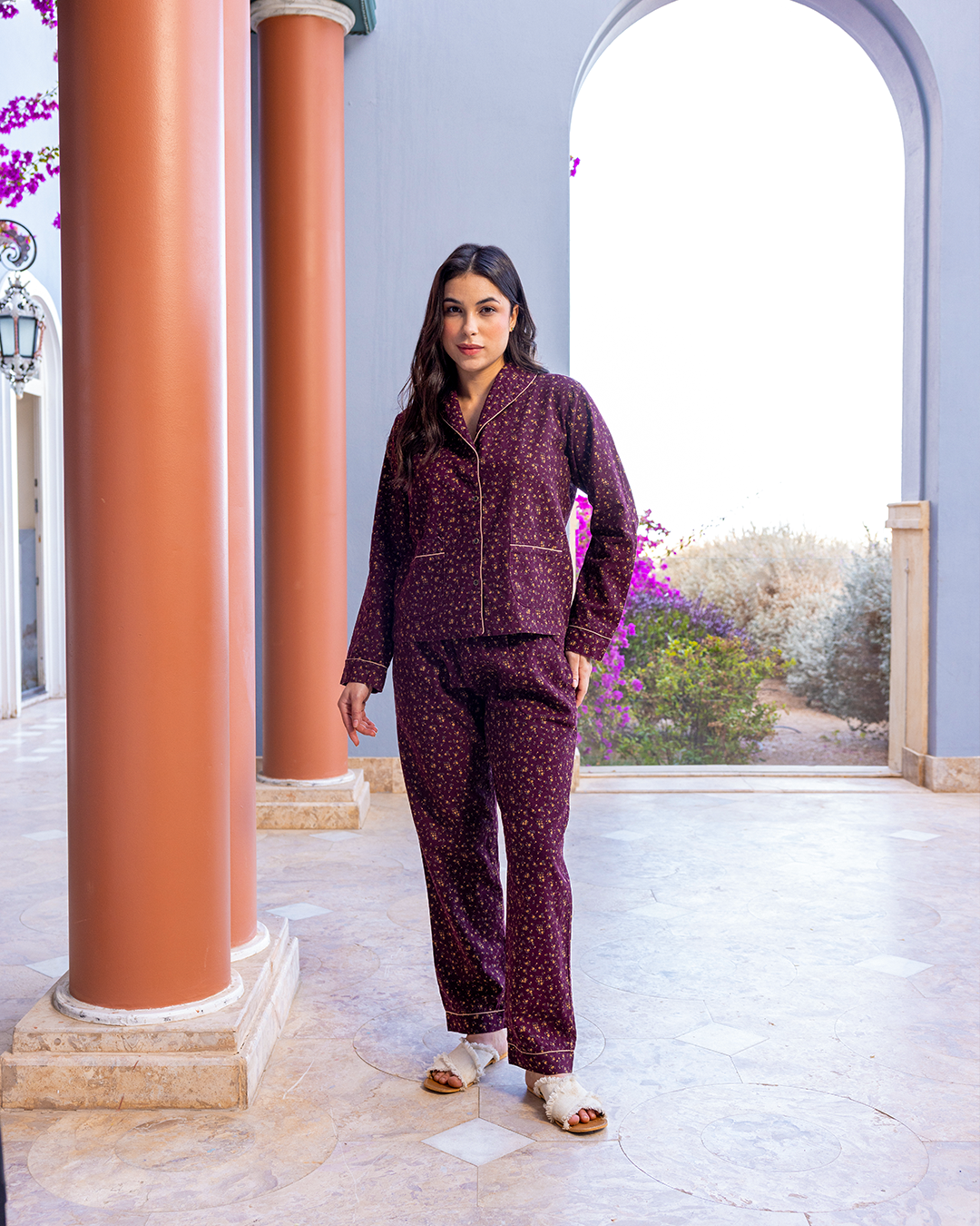 بيجاما كلاسيك بنطلون كتان مطبوع و زراير