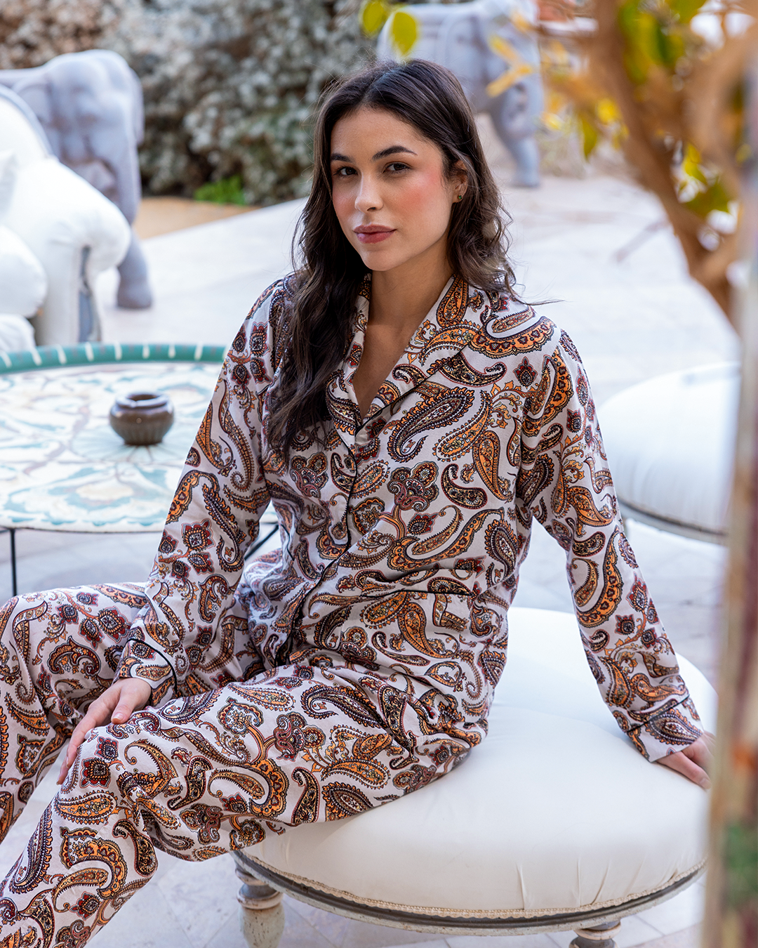 بيجاما كلاسيك بنطلون كتان مطبوع و زراير