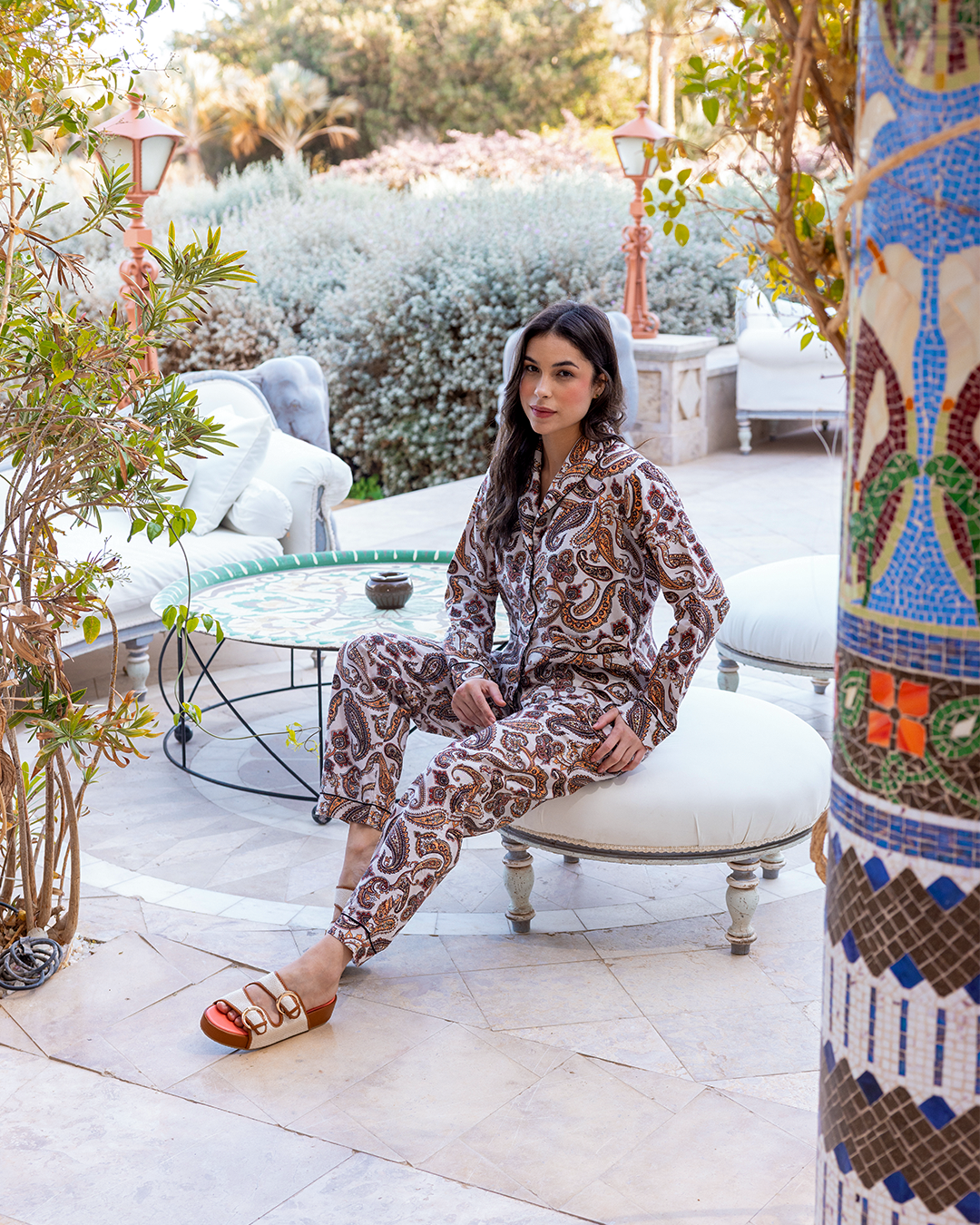 بيجاما كلاسيك بنطلون كتان مطبوع و زراير