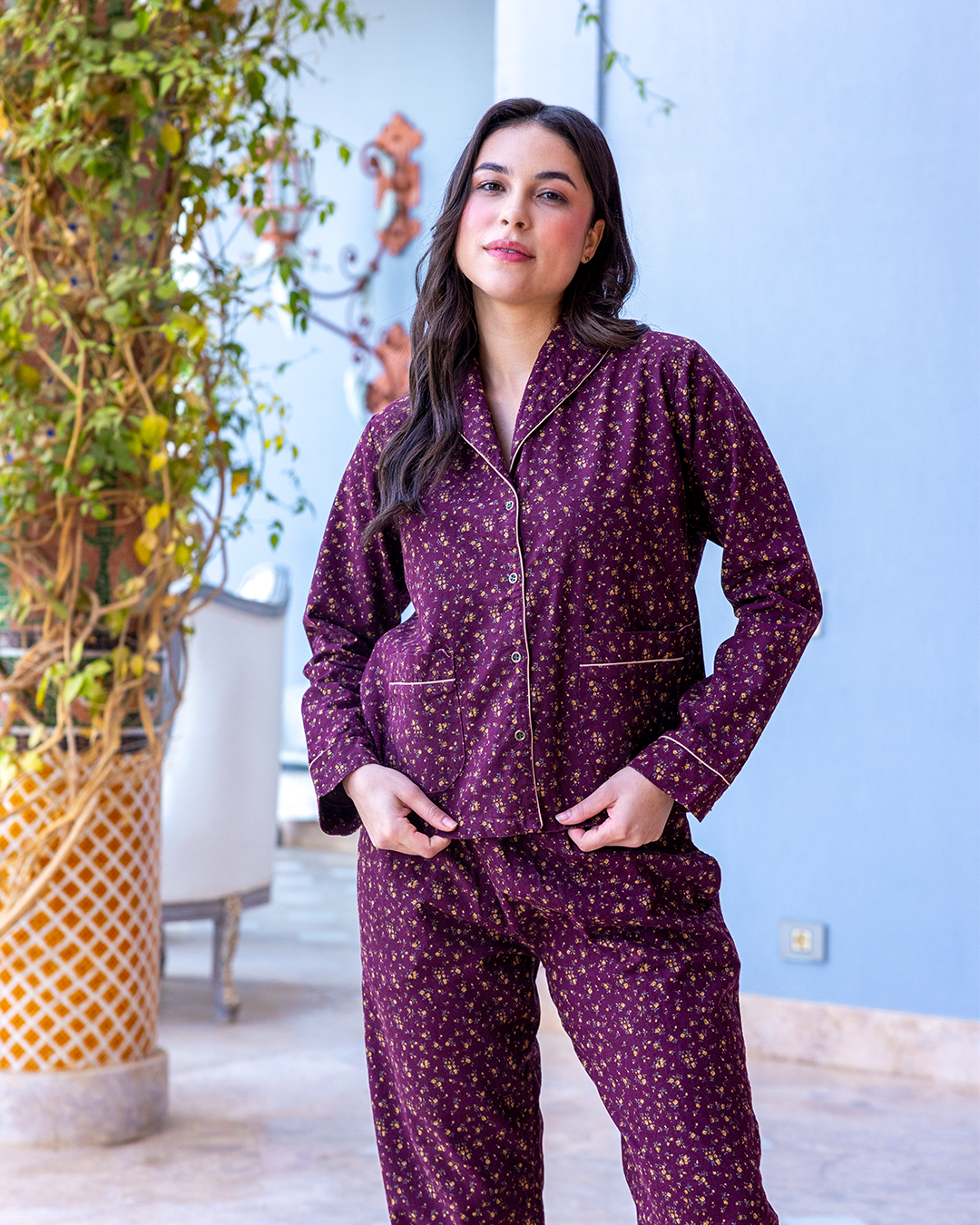 بيجاما كلاسيك بنطلون كتان مطبوع و زراير