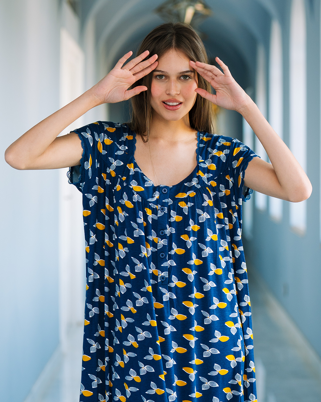 جلابية فسكوز ليكرا بدانتل اوراق شجر زرقاء