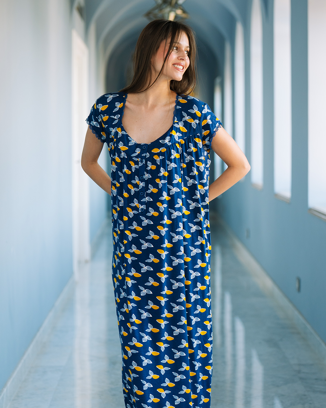 جلابية فسكوز ليكرا بدانتل اوراق شجر زرقاء