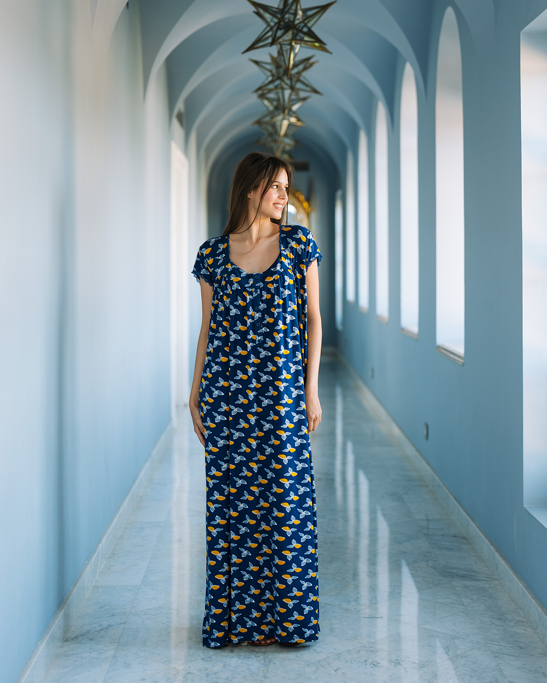 جلابية فسكوز ليكرا بدانتل اوراق شجر زرقاء