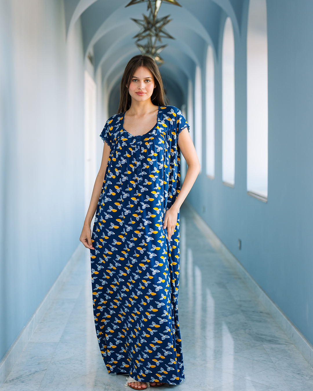 جلابية فسكوز ليكرا بدانتل اوراق شجر زرقاء